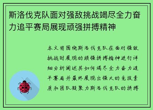 斯洛伐克队面对强敌挑战竭尽全力奋力追平赛局展现顽强拼搏精神