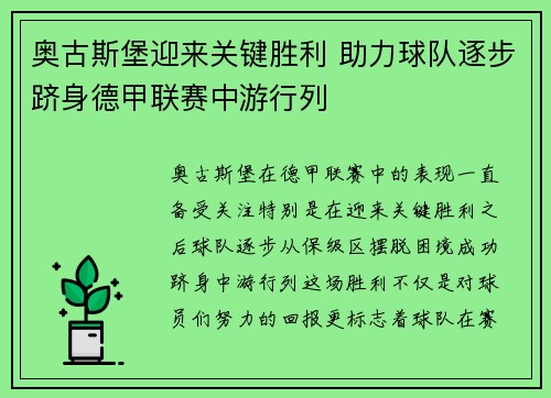 奥古斯堡迎来关键胜利 助力球队逐步跻身德甲联赛中游行列