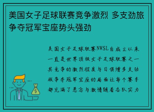 美国女子足球联赛竞争激烈 多支劲旅争夺冠军宝座势头强劲